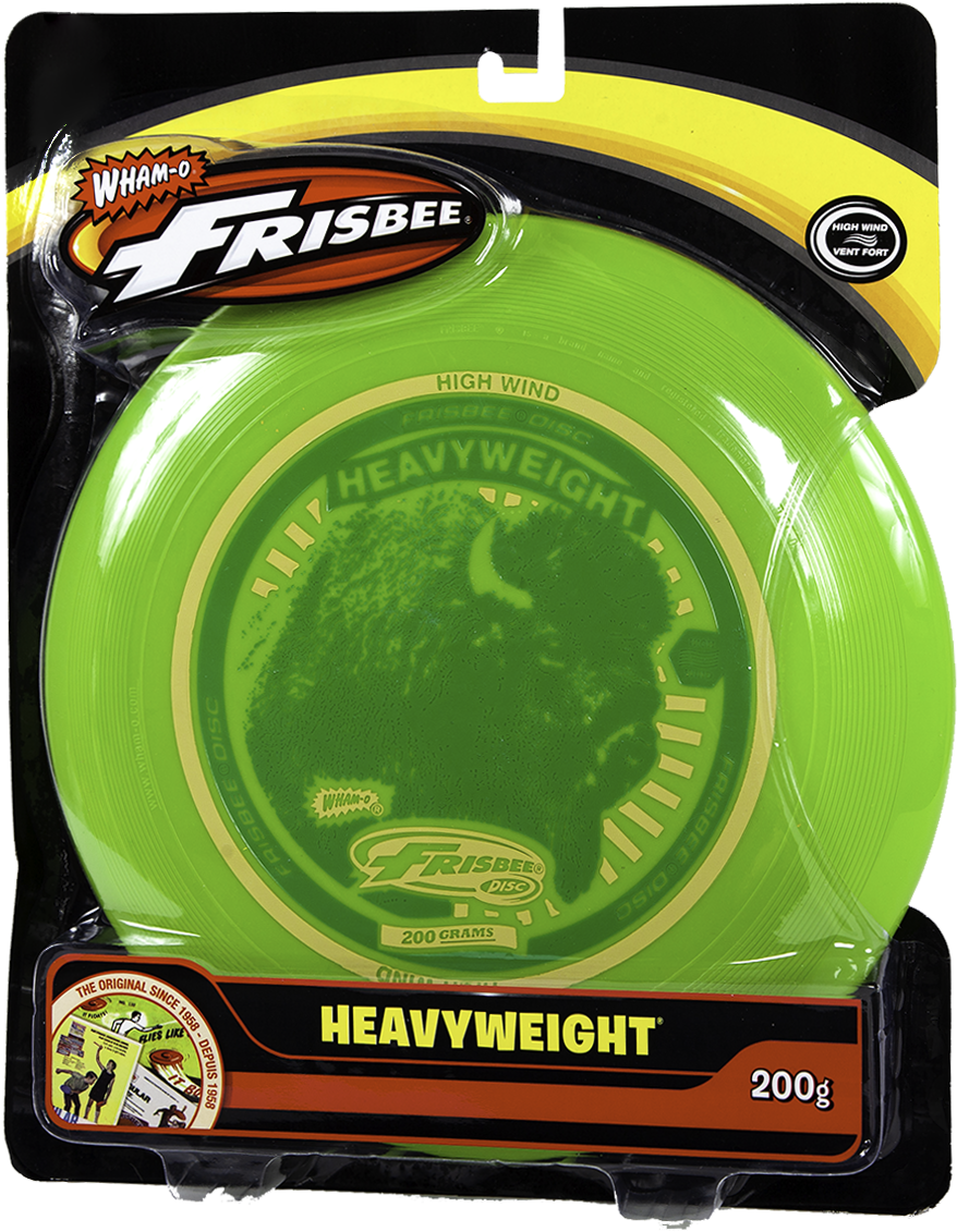 飛盤 桌布 壁紙 — 一個亮綠色的Wham-O Frisbee Heavyweight飛盤，連同原裝包裝，帶有醒目的品牌標誌和重量細節。