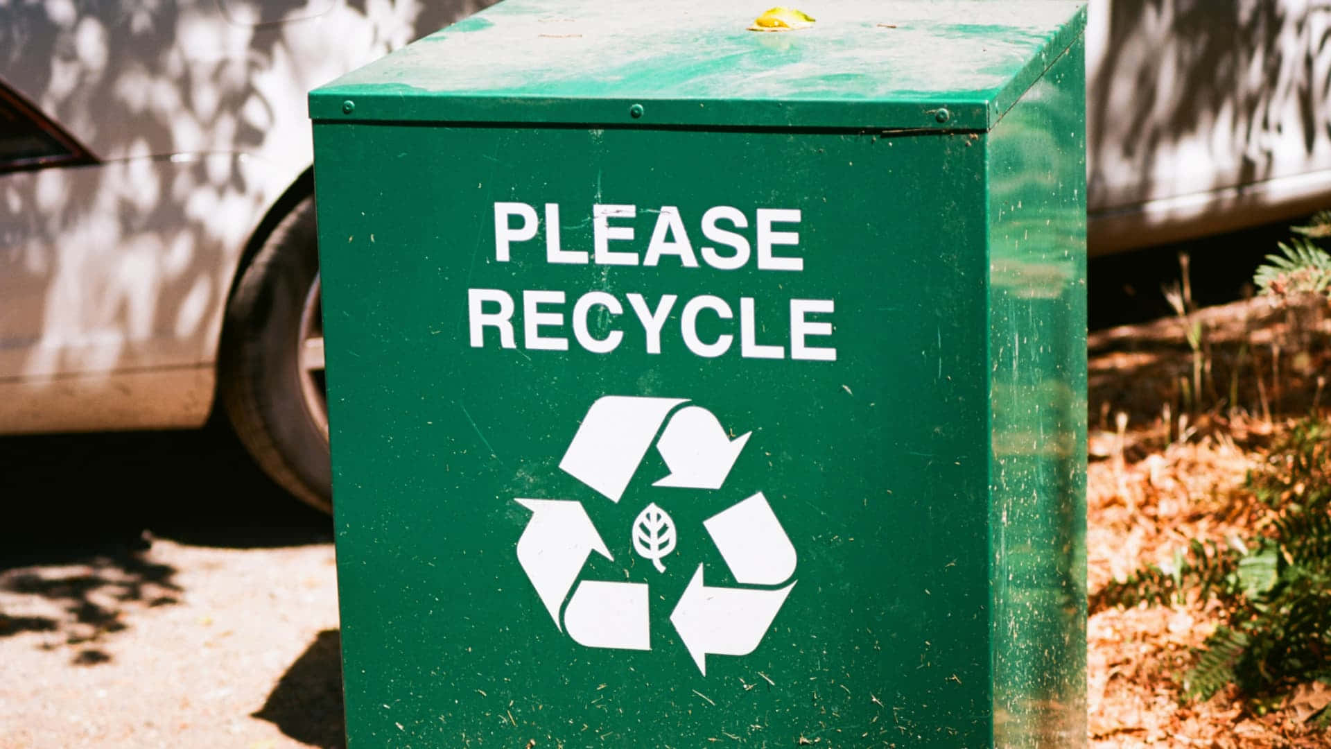 waste 桌布 壁紙 — 一個亮綠色的回收桶，帶有白色文字和標誌，在停車的汽車附近斑駁的陽光下戶外放置。