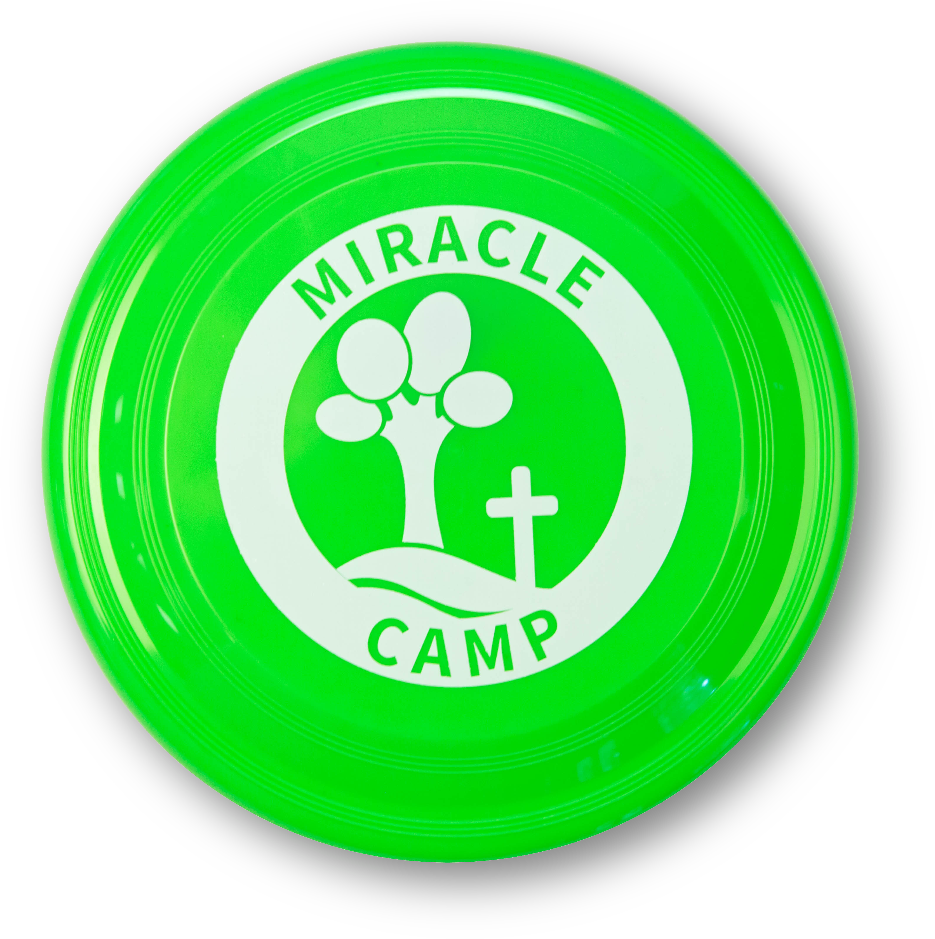 Frisbee 桌布 壁紙 — 一個亮綠色的飛盤，帶有白色圓形標誌，上面有樹和十字架，並有文字miracle camp。