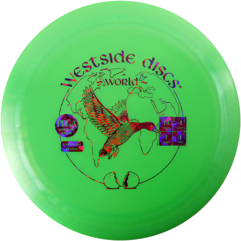 Frisbee 桌布 壁紙 — 一個亮綠色的飛盤高爾夫飛盤，上面有彩色鳥類圖案覆蓋在世界地圖上，並附有性能統計數據和 'Westside Discs' 品牌標誌。
