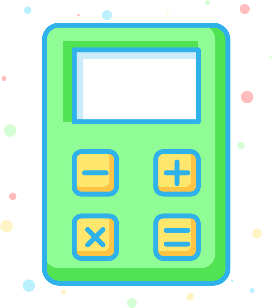 Calculator Icon 桌布 壁紙 — 一個亮綠色計算機，帶有藍色輪廓和黃色按鈕，漂浮在點綴著彩色圓圈的黑色背景上。