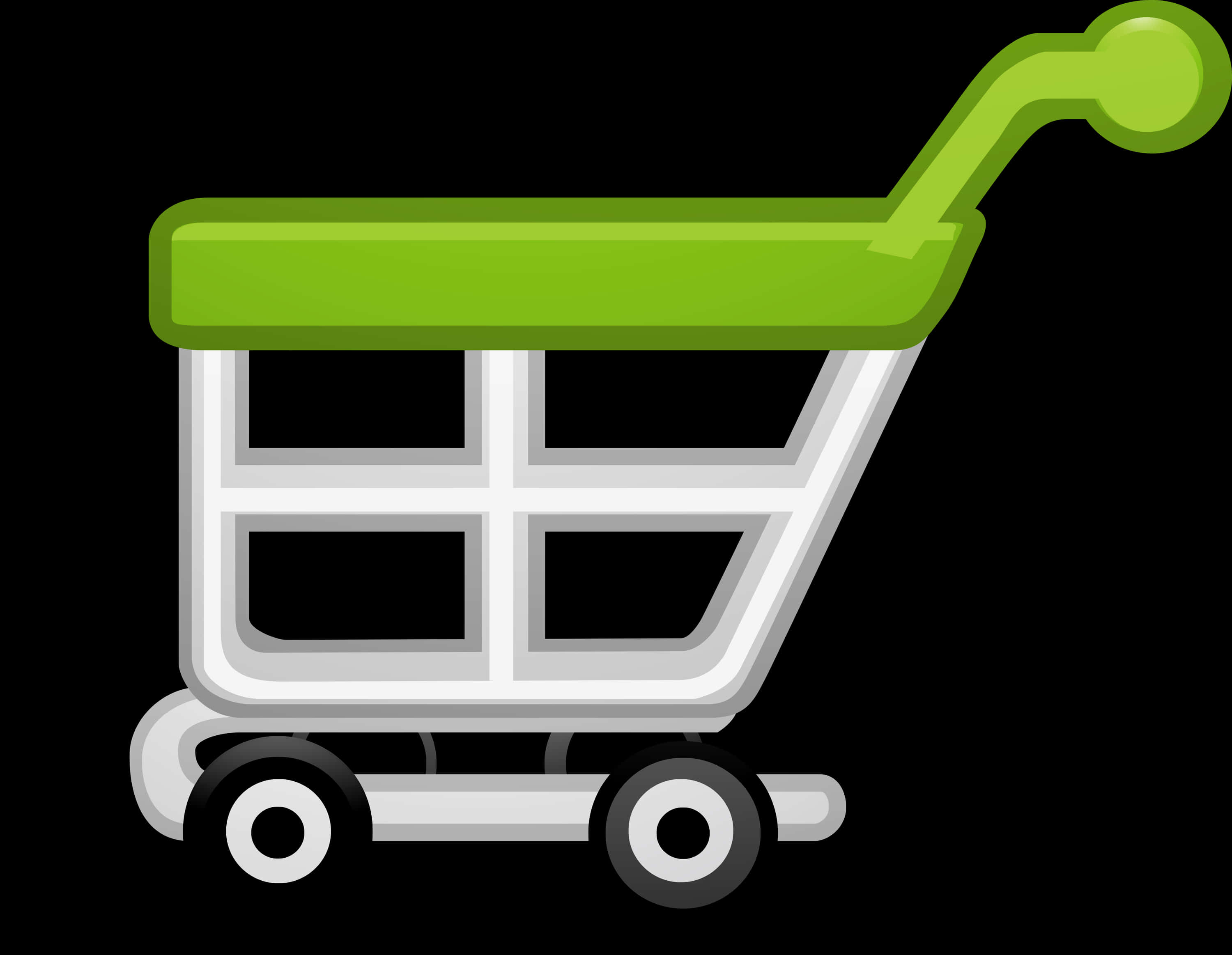 Shopping Cart 桌布 壁紙 — 一個亮綠色購物車，帶有銀色框架和黑色輪子，孤立在黑色背景上。