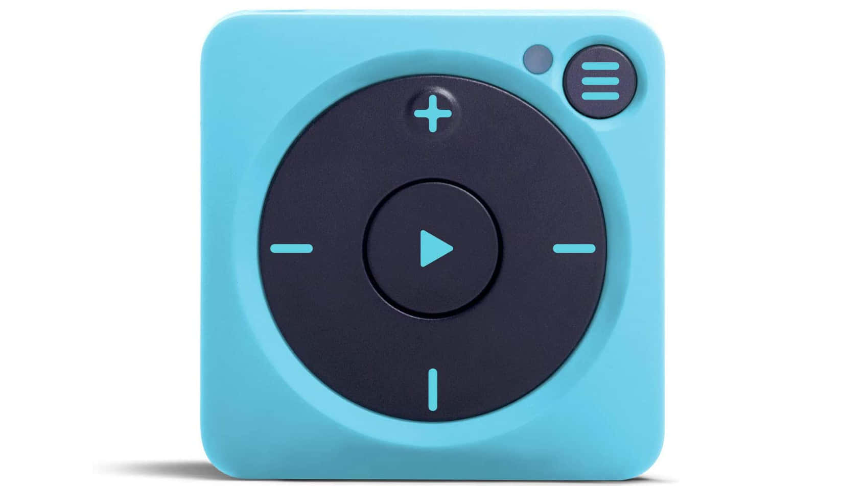 Music Player 桌布 壁紙 — 一個亮藍色方形便攜媒體播放器，中央有播放按鈕和音量控制。