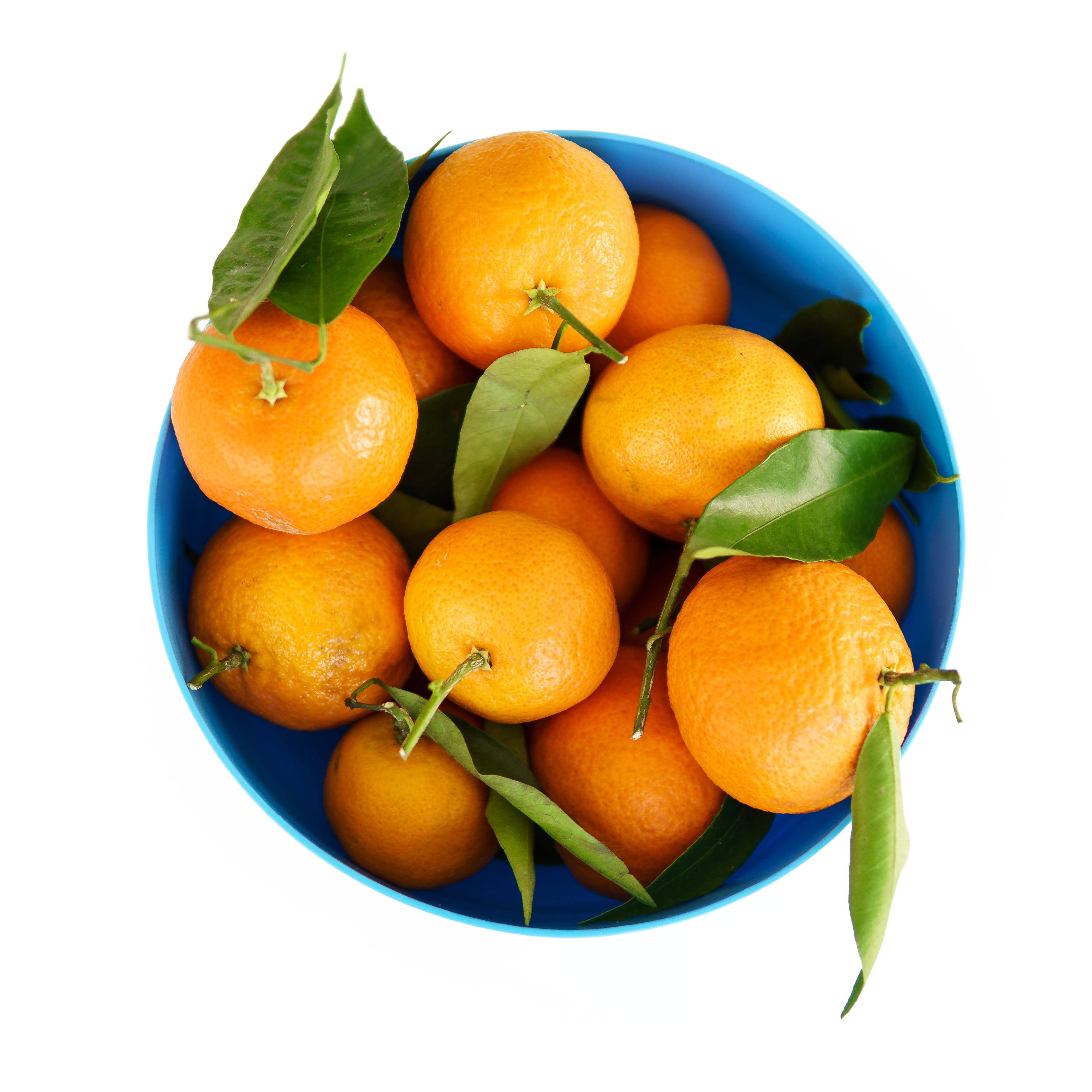 Fruits 桌布 壁紙 — 一個亮藍色的碗，裝滿了新鮮的橙子和綠葉，襯托在純白色的背景上。