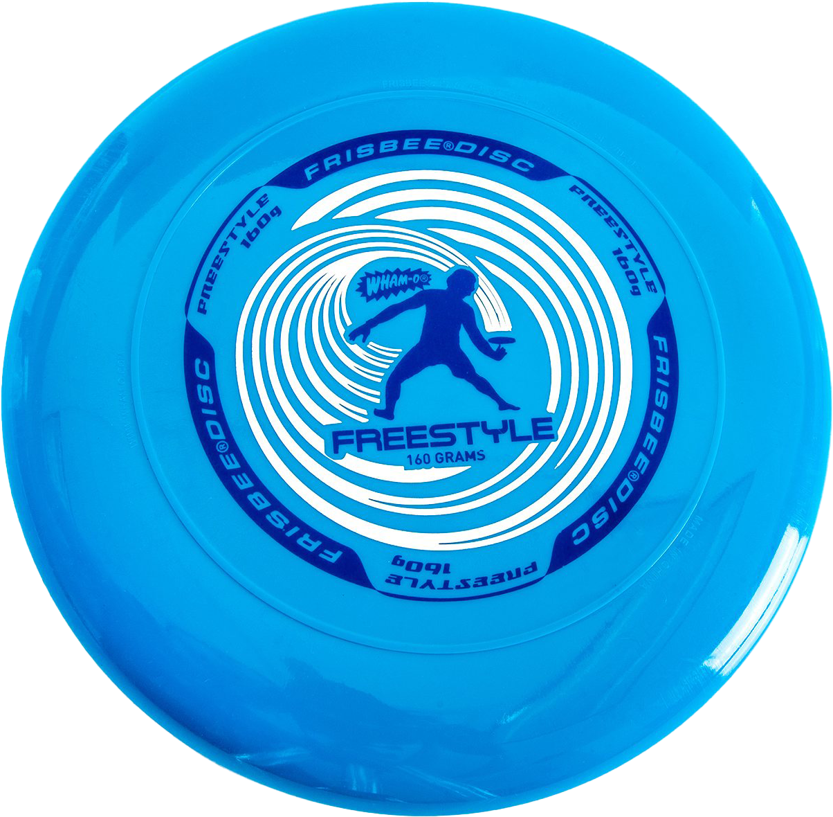 Frisbee 桌布 壁紙 — 一個亮藍色自由式飛盤，帶有白色同心圓環和一個深藍色投擲運動員的剪影。