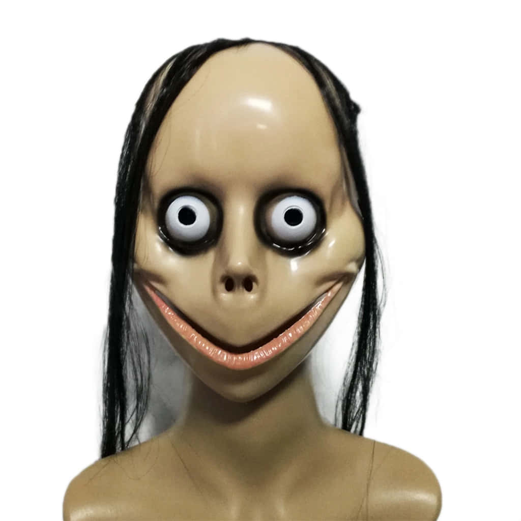Creepy Halloween 桌布 壁紙 — 一個亮面乳膠面具，有著大而突出的眼睛和寬闊令人不安的笑容，背景為純白色。