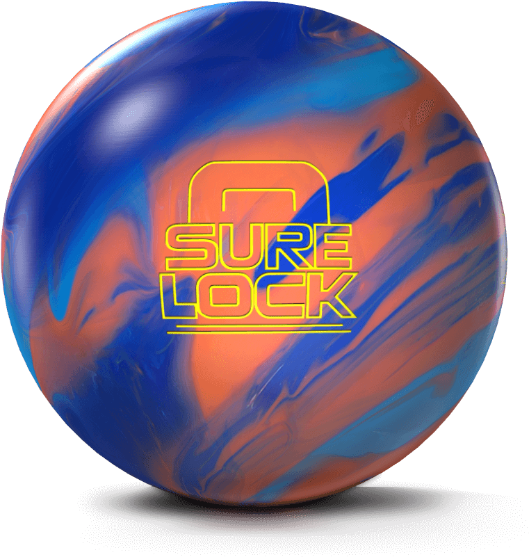 Bowling Ball 桌布 壁紙 — 一個亮面保齡球，帶有旋轉的藍色和橙色圖案，以及黑色背景上的霓虹黃色「SURE LOCK」標誌。