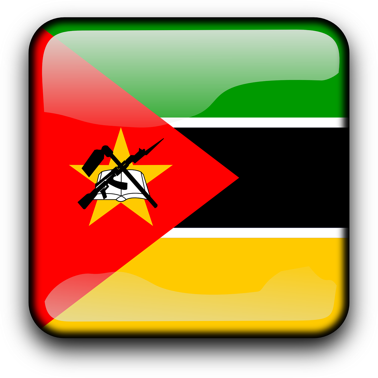 Mozambique 桌布 壁紙 — 一個亮面方形按鈕，展示莫三比克國旗，包含紅色、綠色、黑色、黃色、白色及中央徽章。