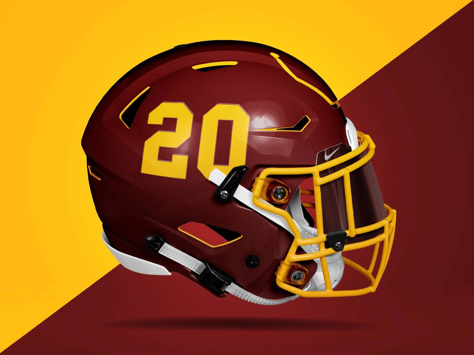 Washington Football 桌布 壁紙 — 一個亮面栗色美式足球頭盔，帶有黃色20號碼和面罩，背景為大膽的黃色和栗色斜紋。