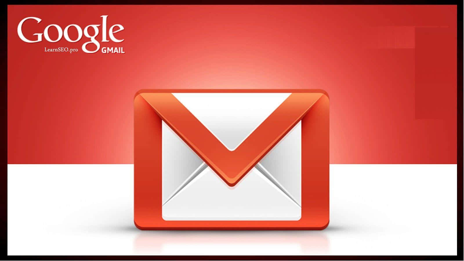 Gmail 動圖 桌布 壁紙 — 一個亮面橙色Gmail信封圖示，居中於紅白漸變背景上，左上角有Google品牌標誌。