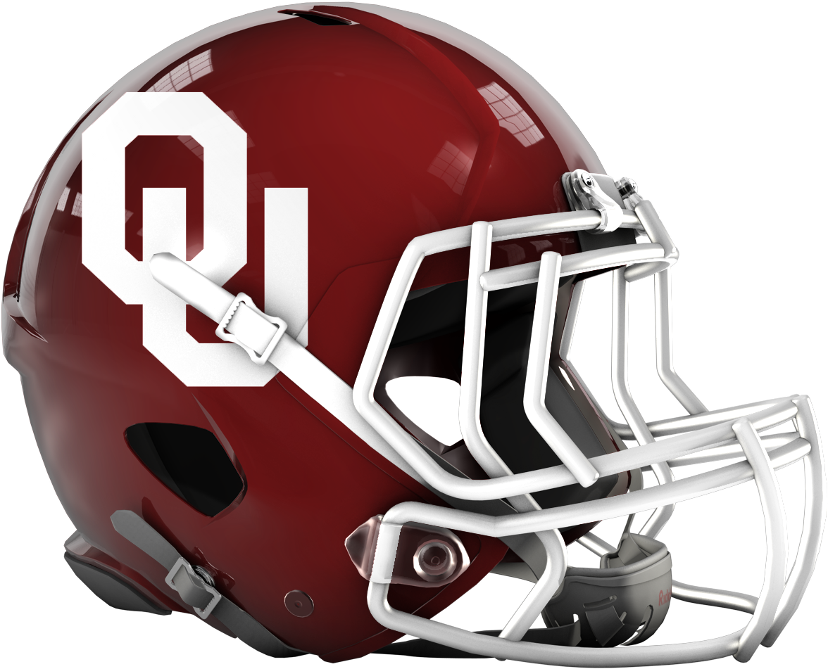 Arizona Cardinals 桌布 壁紙 — 一個亮面深紅色奧克拉荷馬大學 Sooners 美式足球頭盔，配有白色面罩和粗體 OU 標誌，背景為黑色。