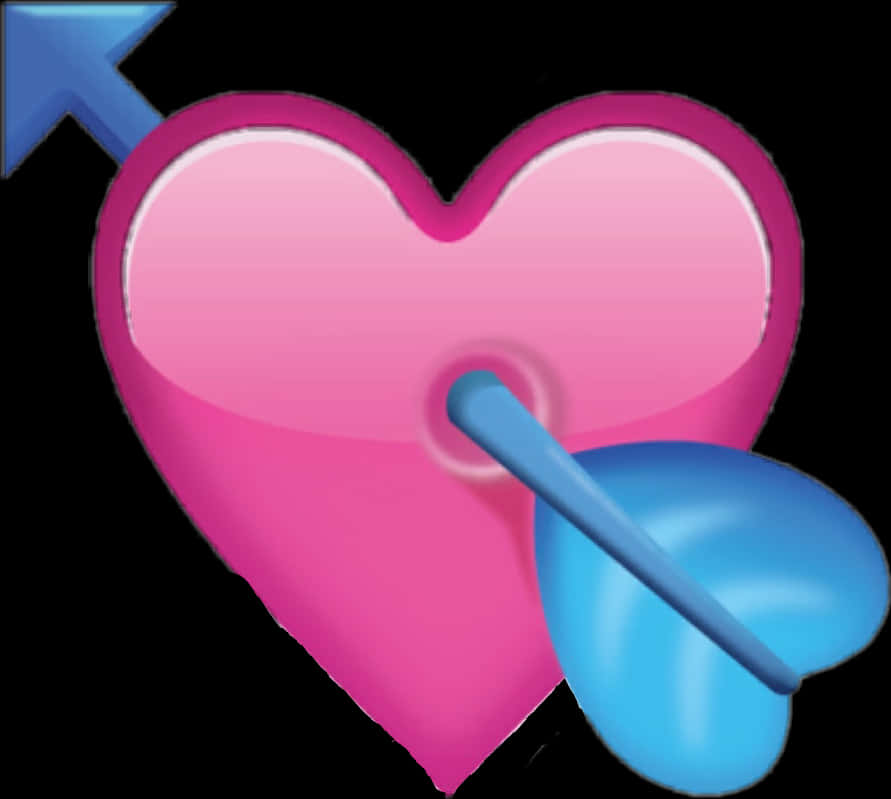 Love Emoji 桌布 壁紙 — 一個亮面粉紅色愛心被一支帶有藍色箭羽的藍色箭矢貫穿，背景為黑色。