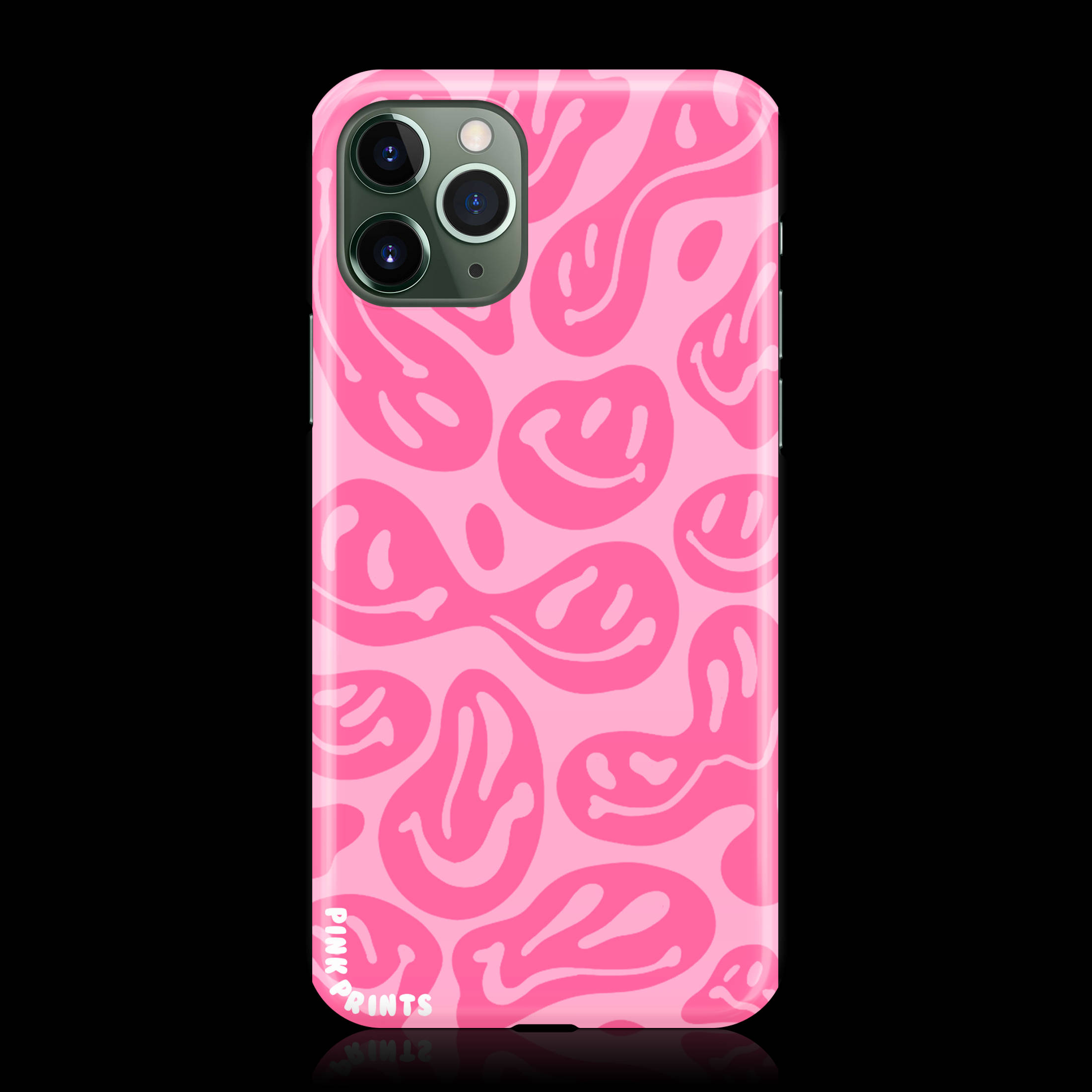 Trippy Phone 桌布 壁紙 — 一個亮面粉紅色手機殼，帶有波浪笑臉圖案，背景為黑色。