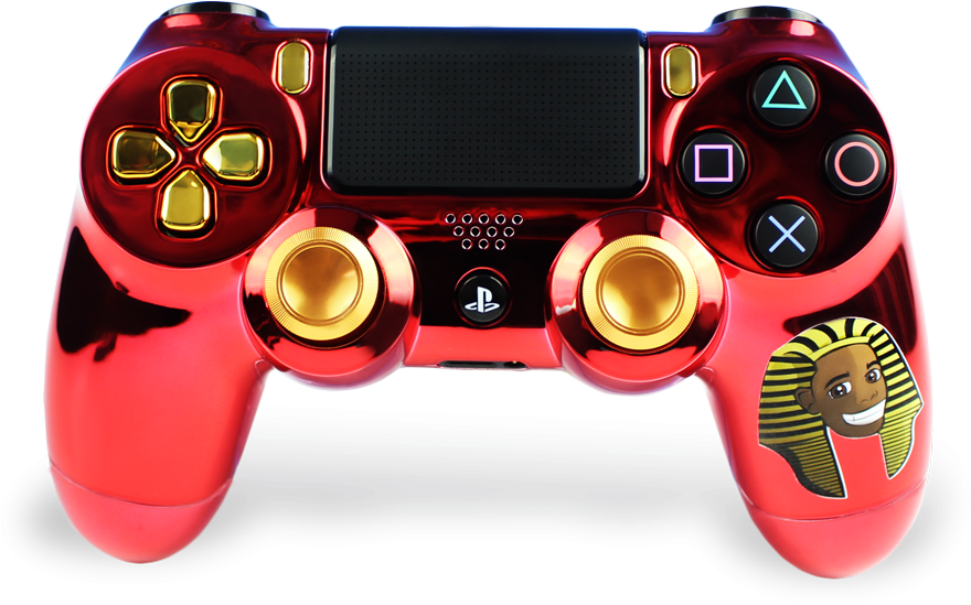 PlayStation 桌布 壁紙 — 一個亮面紅色和金色的PlayStation 4控制器，右握把上有一個卡通法老貼紙。