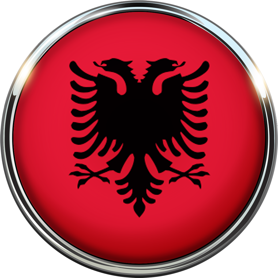 Albania 桌布 壁紙 — 一個亮面紅色圓形按鈕，帶有黑色雙頭鷹徽章和金屬銀色邊框。