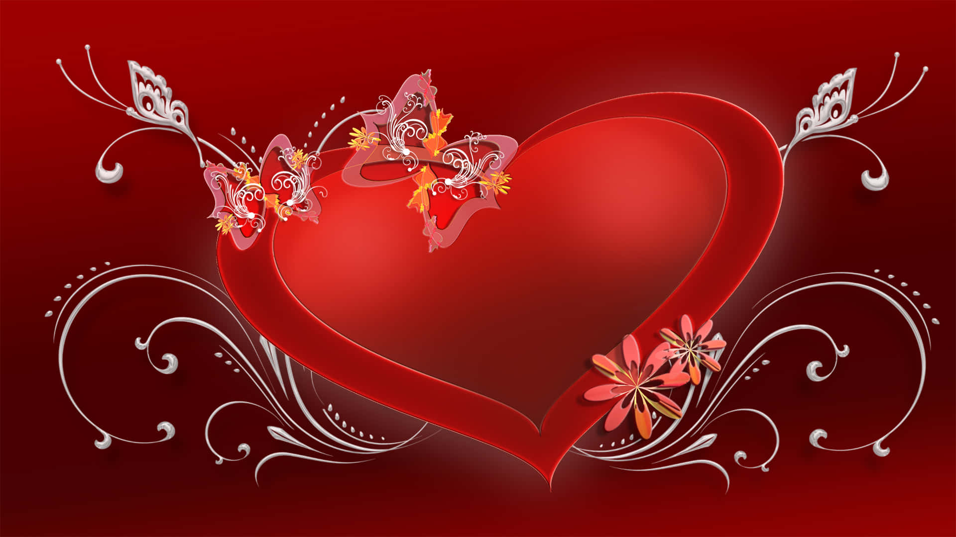 High Resolution Valentines Day 桌布 壁紙 — 一個亮面紅色心形，飾有花卉蝴蝶和銀色漩渦，背景為深紅色漸層。
