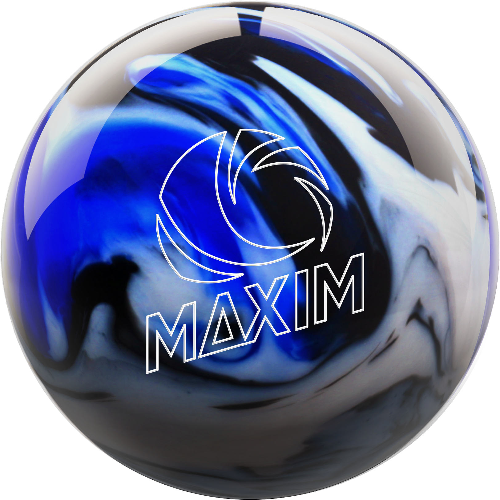 Bowling Ball 桌布 壁紙 — 一個亮面藍白大理石紋保齡球，帶有白色輪廓標誌和 MAXIM 字樣，背景為黑色。