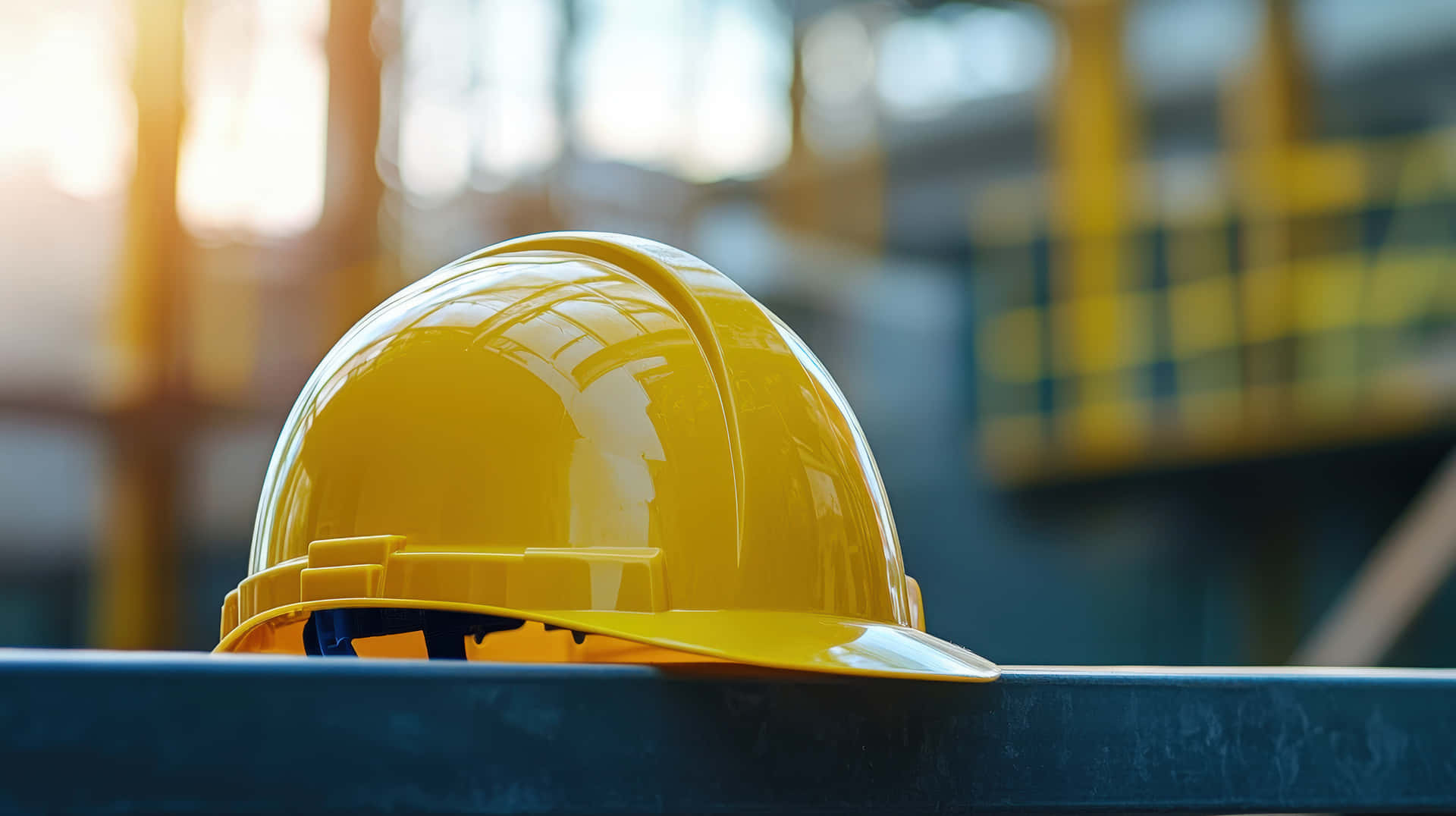 Yellow safety helmet on construction site railing 壁紙 — 一個亮面黃色安全帽放在深色欄杆上，背景模糊中有工業結構和溫暖陽光。