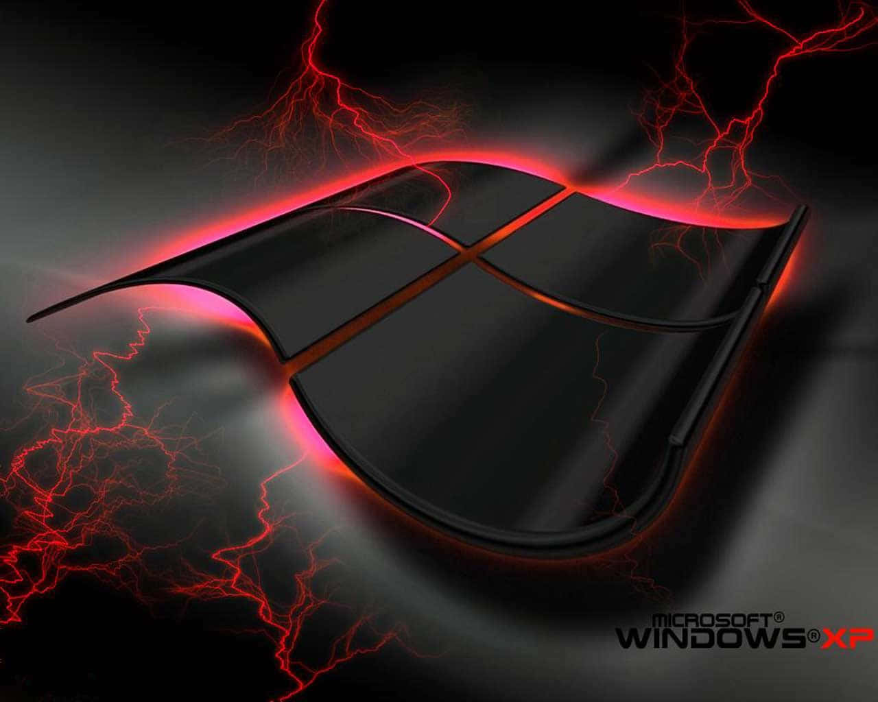 桌布 壁紙 — 一個亮面黑色Windows XP標誌在黑暗背景上發出火紅閃電的光芒。