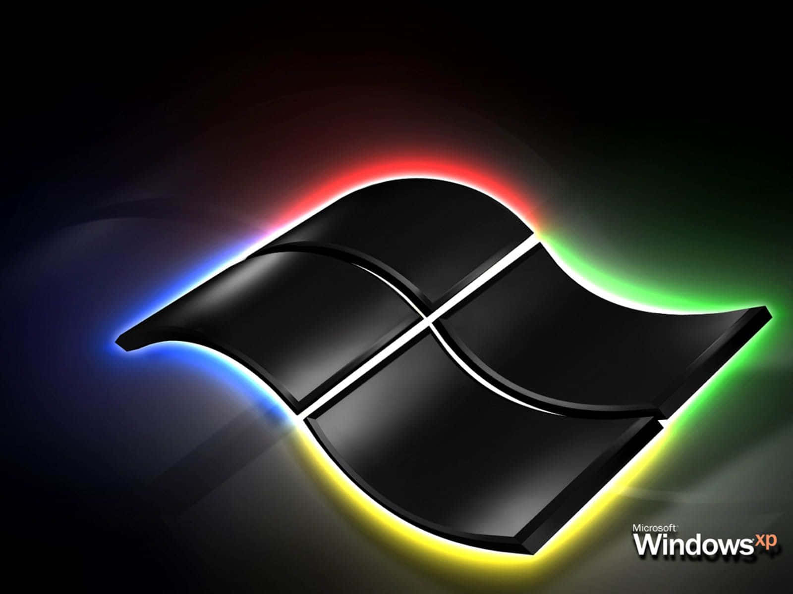 Windows XP 桌布 壁紙 — 一個亮面黑色Windows XP標誌在深色漸變背景上散發出鮮豔的紅、藍、綠和黃色霓虹光芒。