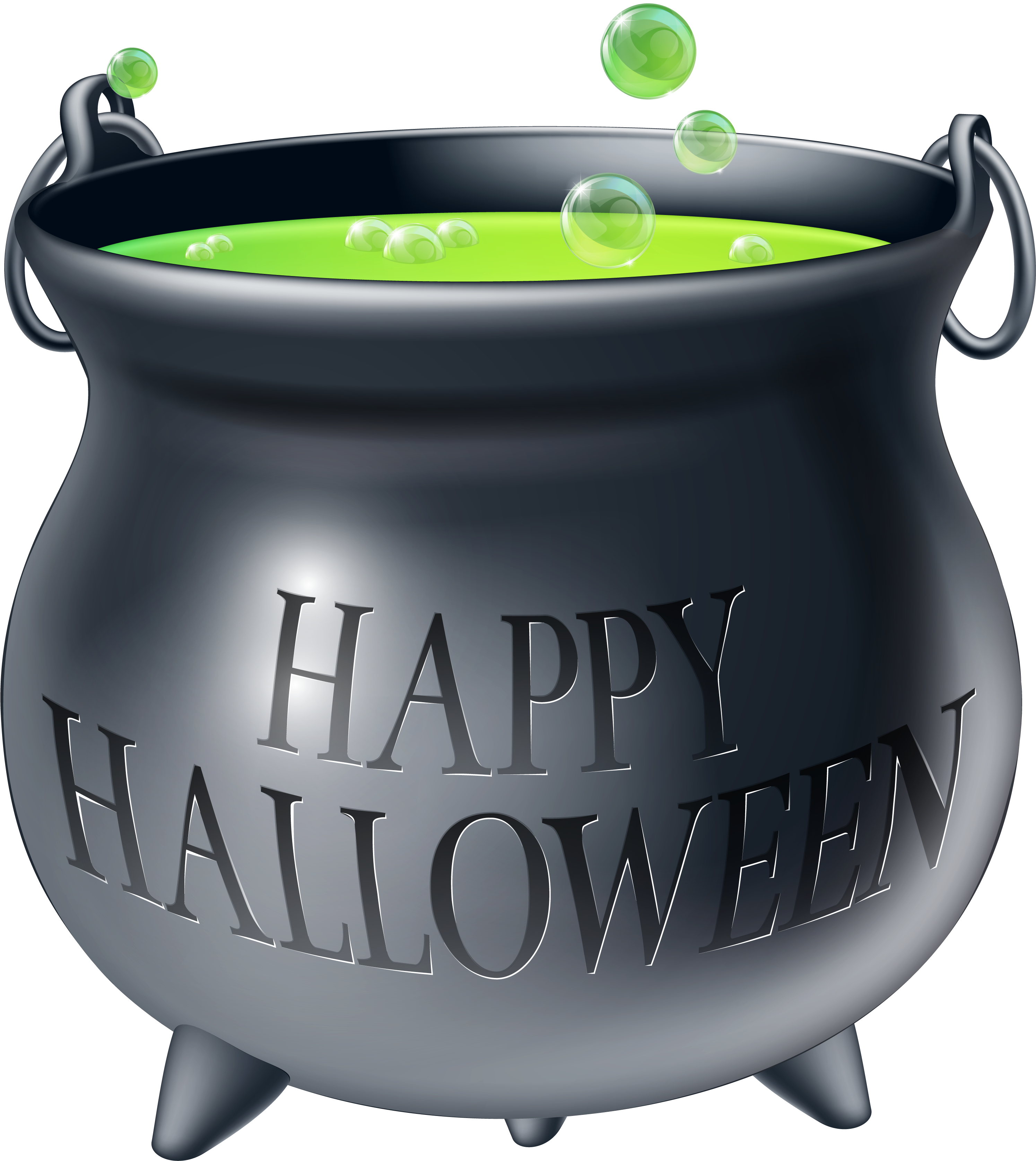 萬聖節動圖 桌布 壁紙 — 一個亮面黑色大鍋，帶有浮雕的 happy halloween 文字氣泡和綠色藥水，背景是純黑色。