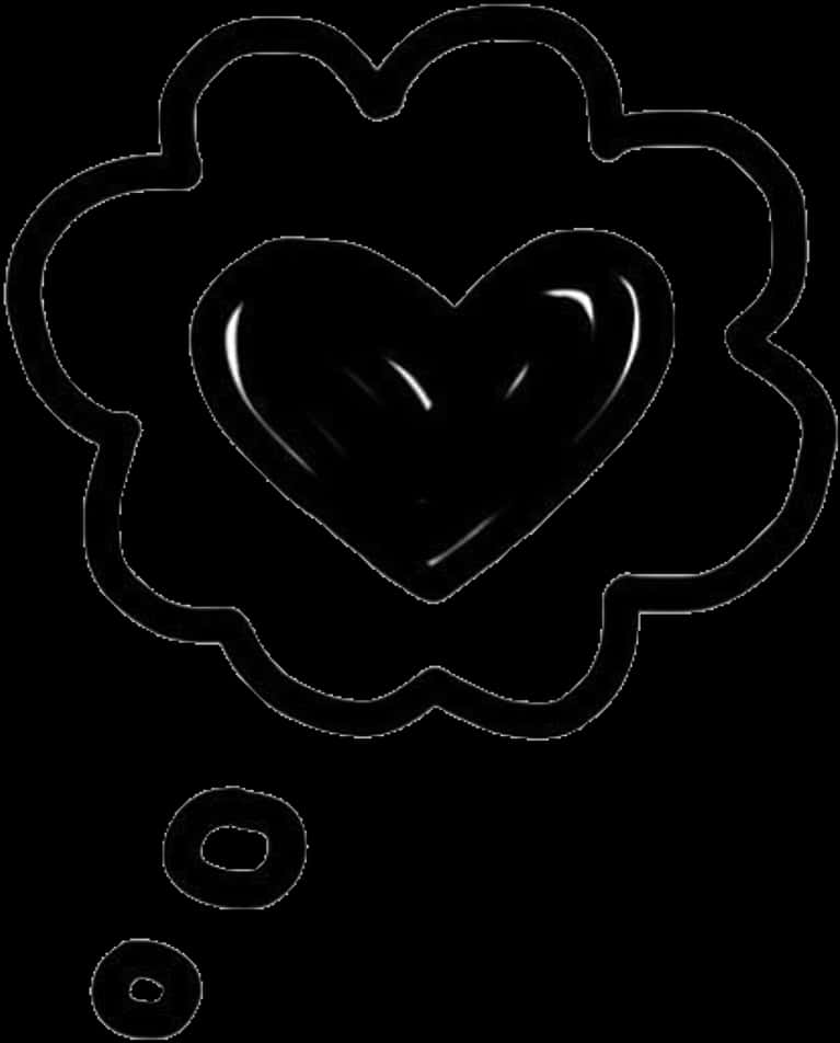 Heart Tumblr 桌布 壁紙 — 一個亮面黑色心形在雲朵形狀的輪廓內，下方有思想氣泡，背景為純黑色。