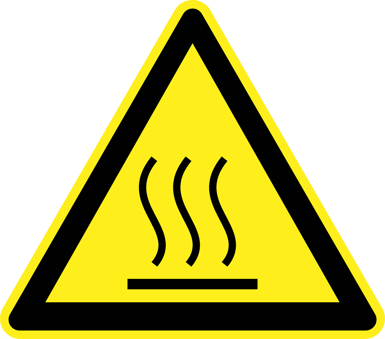 Warning Sign 桌布 壁紙 — 一個亮黃色三角形警告標誌，帶有黑色邊框和蒸汽符號，表示高溫表面。