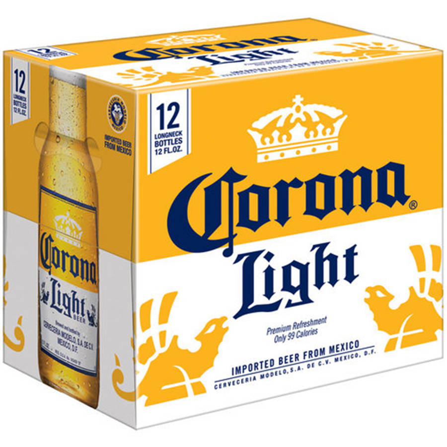 corona 桌布 壁紙 — 一個亮黃色和白色的Corona Light啤酒盒，特色是帶有冷凝水珠的冰凍瓶子和標誌性皇冠標誌。