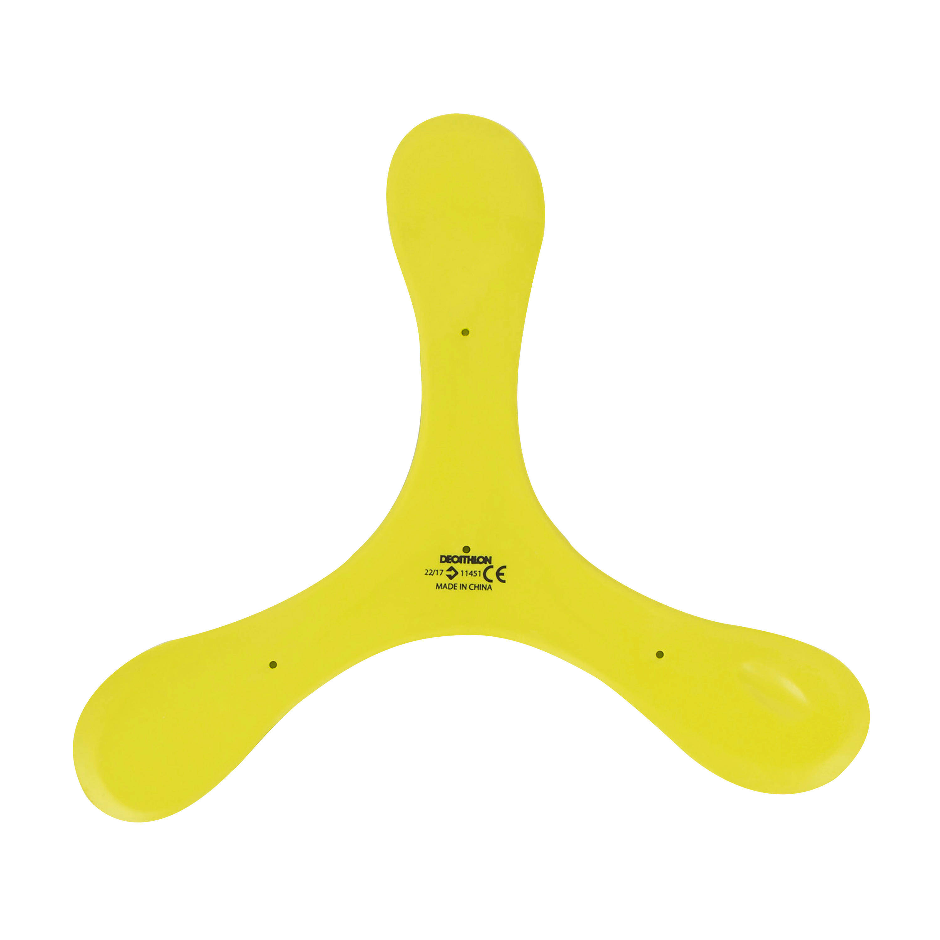 Boomerang 桌布 壁紙 — 一個亮黃色塑膠迴力鏢，有三個彎曲葉片和品牌標記，背景為純白色。