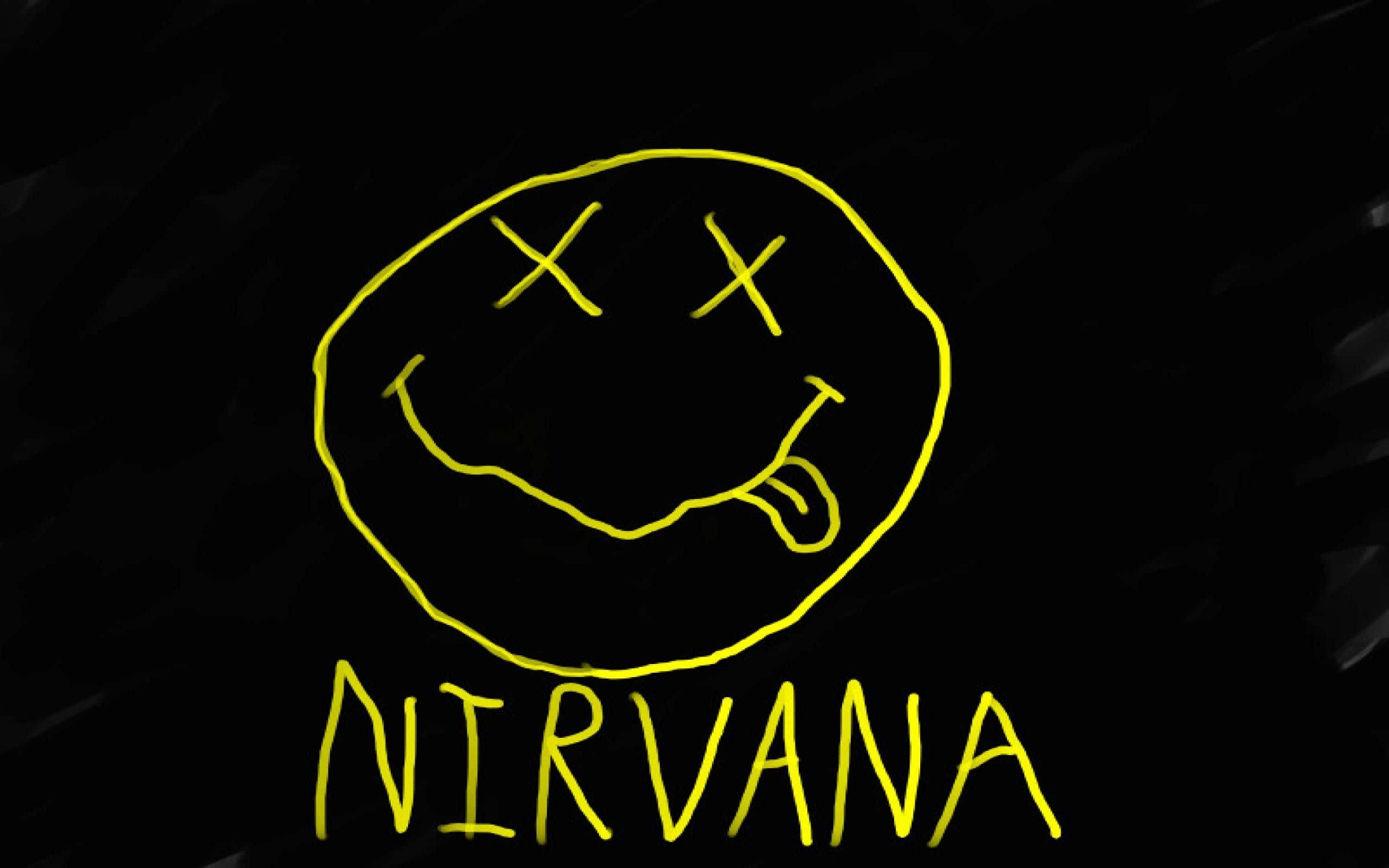 nirvana 桌布 壁紙 — 一個亮黃色手繪笑臉，帶有X形眼睛和伸出舌頭，在帶有紋理的黑色背景上發光，下方寫有'NIRVANA'。