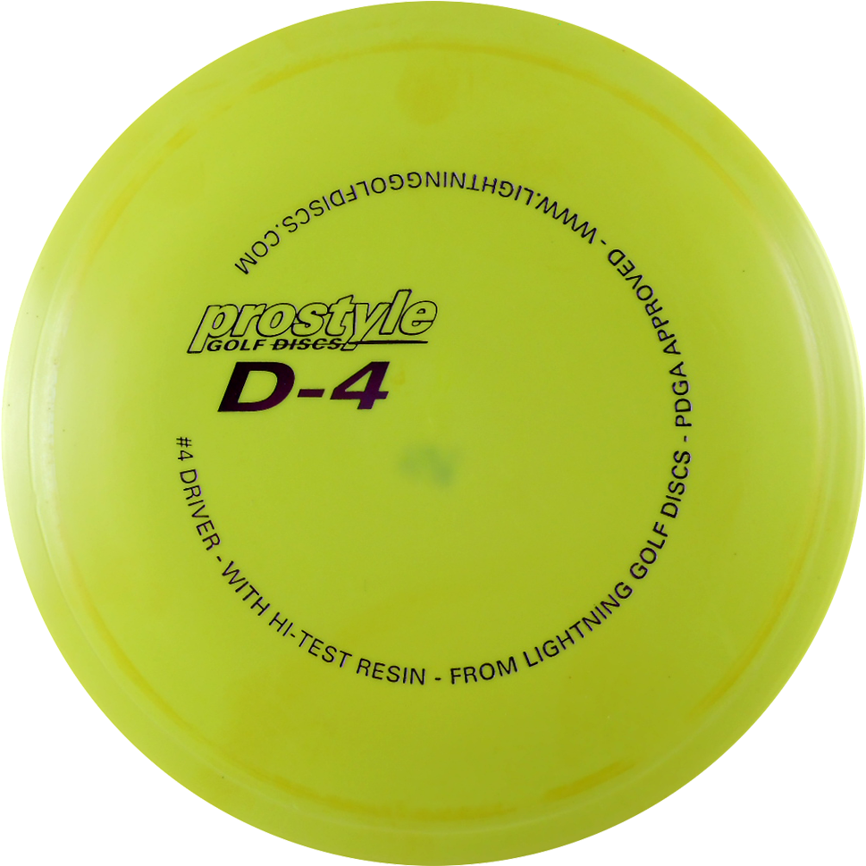 飛盤 桌布 壁紙 — 一個亮黃色的 Prostyle D-4 飛盤高爾夫驅動器，帶有黑色文字，置於純黑背景上。