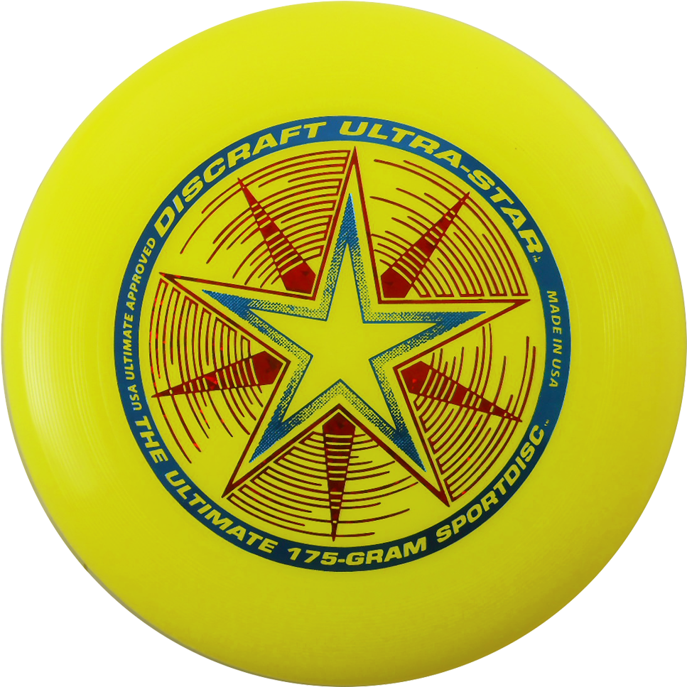 飛盤 桌布 壁紙 — 一個亮黃色的Discraft Ultra-Star終極飛盤，帶有醒目的星星標誌和紅藍文字，背景為黑色。