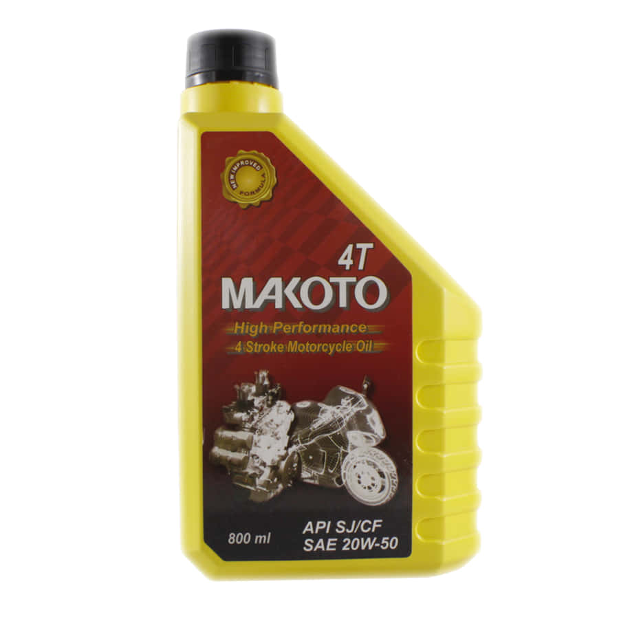 Engine Oil 桌布 壁紙 — 一個亮黃色的Makoto 4T高性能機車機油瓶，帶有紅色標籤和引擎圖案。