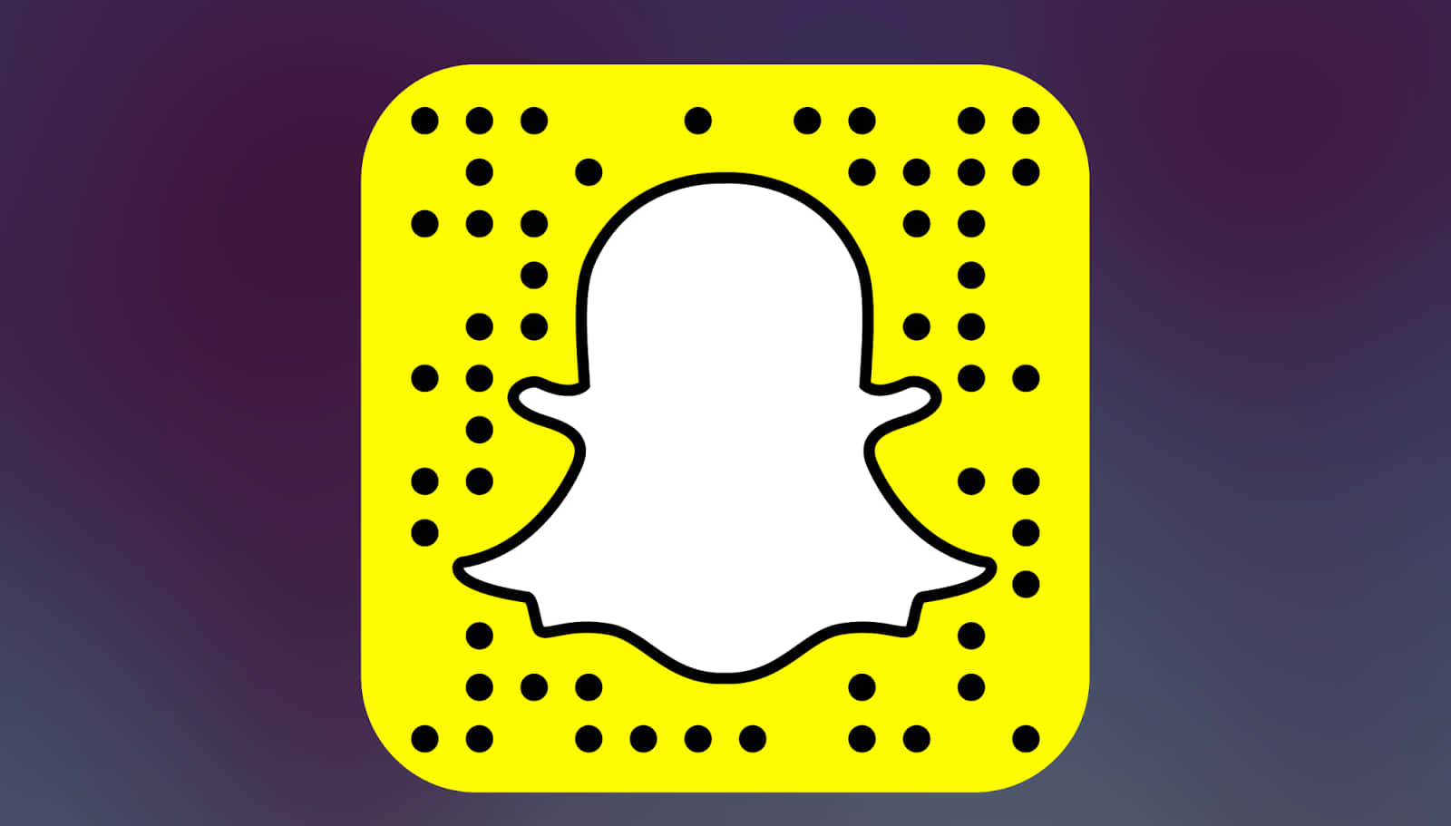 Snapchat 桌布 壁紙 — 一個亮黃色的Snapchat標誌，帶有白色鬼魂和黑色點點，背景為紫色漸變。