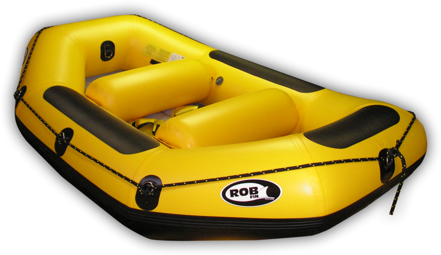 Rafting 桌布 壁紙 — 一個亮黃色的充氣筏，帶有黑色飾邊和 'ROB FIN' 標誌，孤立在純黑色背景上。