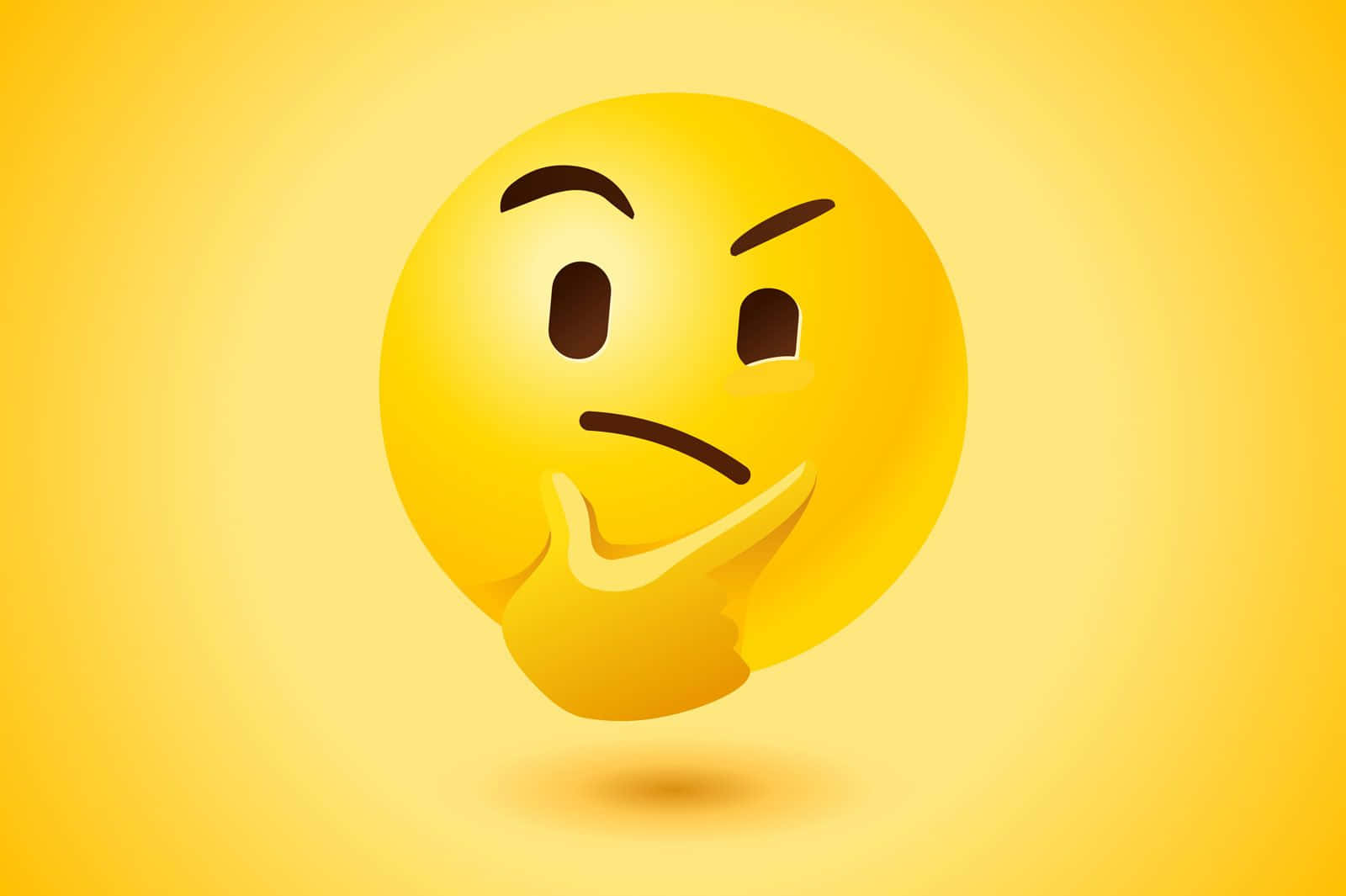 表情符號 桌布 壁紙 — 一個亮黃色的思考表情符號，手托下巴，背景為黃色漸變。