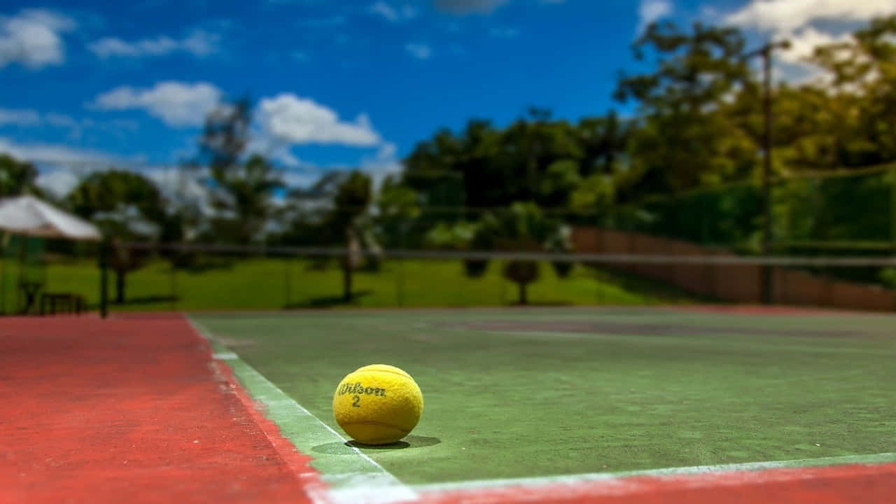 720p Tennis 桌布 壁紙 — 一個亮黃色的網球在藍天白雲下，放在綠色和紅色的球場上。