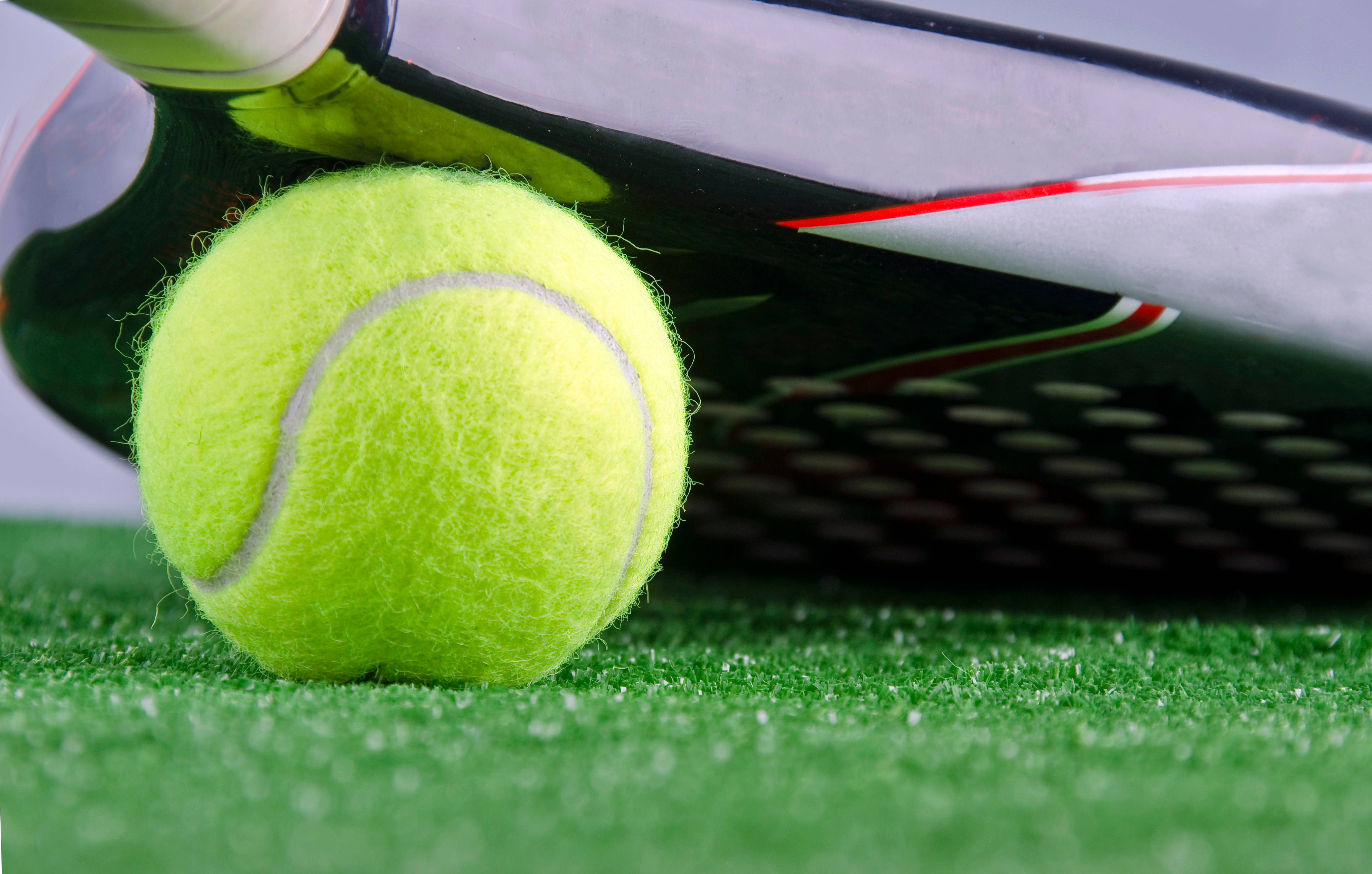 Tennis 桌布 壁紙 — 一個亮黃色的網球放在充滿活力的綠色草地上，旁邊是一個時尚的黑白網球拍。