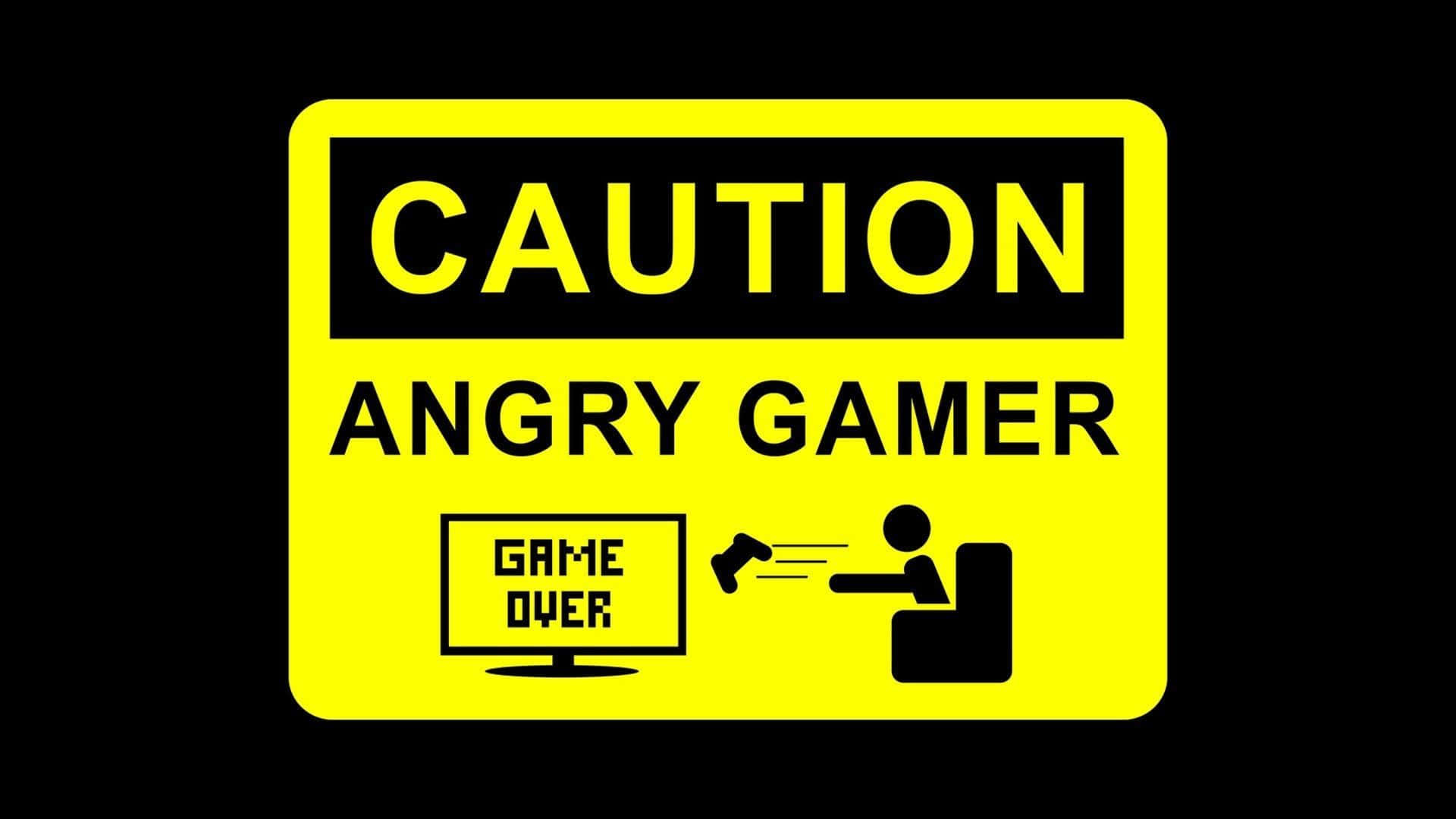 Funny Gaming 桌布 壁紙 — 一個亮黃色的警告標誌警告一名憤怒的玩家在遊戲結束畫面後扔控制器。