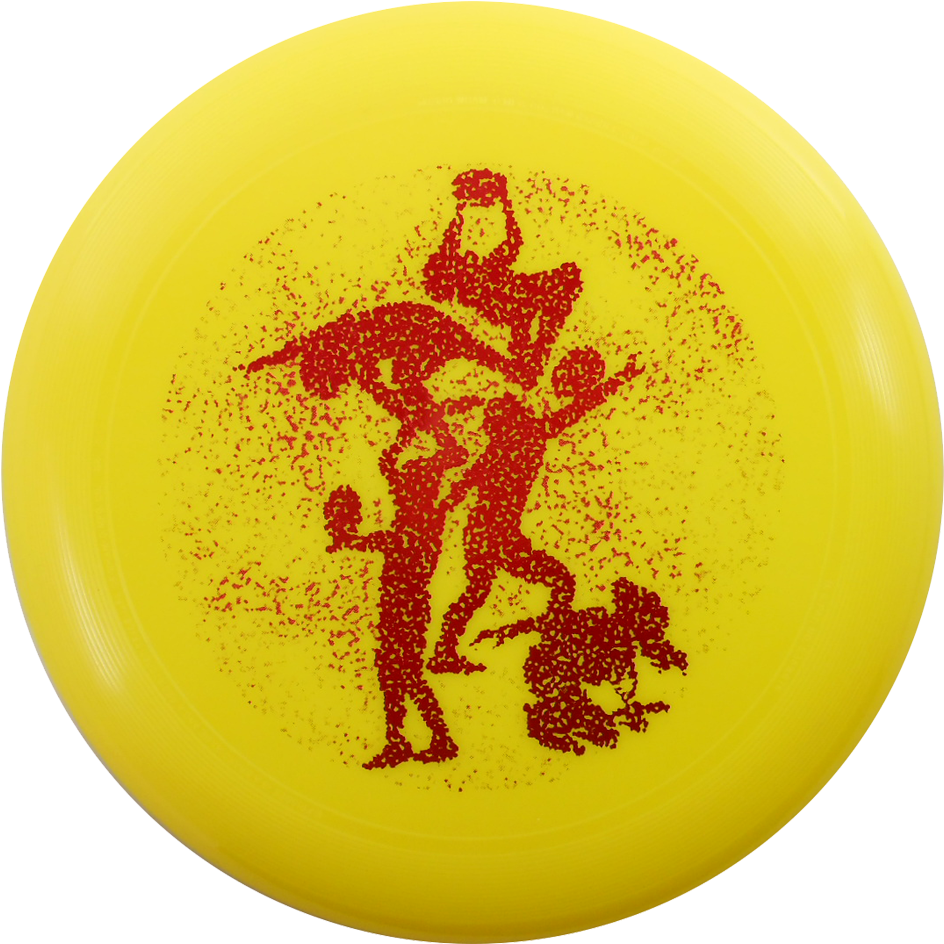 Frisbee 桌布 壁紙 — 一個亮黃色的飛盤，帶有紅色斑點圖案，描繪一個動態的人形在運動中。