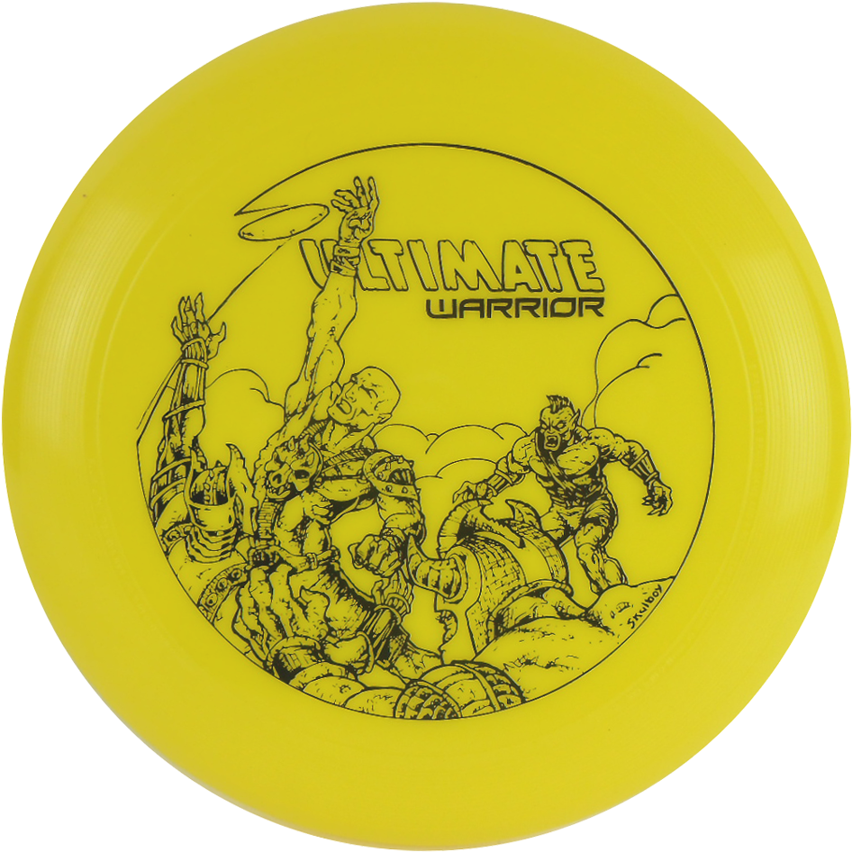 Frisbee 桌布 壁紙 — 一個亮黃色的飛盤上有一個大膽的黑色線條插圖，描繪了一個肌肉發達的戰士跳過敵人，並帶有文字 Ultimate Warrior。