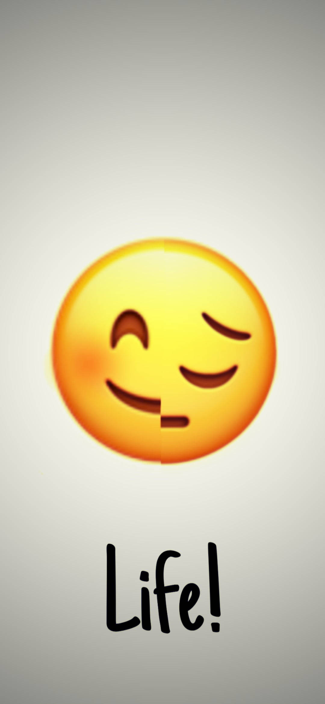 Sad Emoji 桌布 壁紙 — 一個亮黃色眨眼笑臉表情符號，下方寫著 Life! 字樣，背景為柔和灰色。