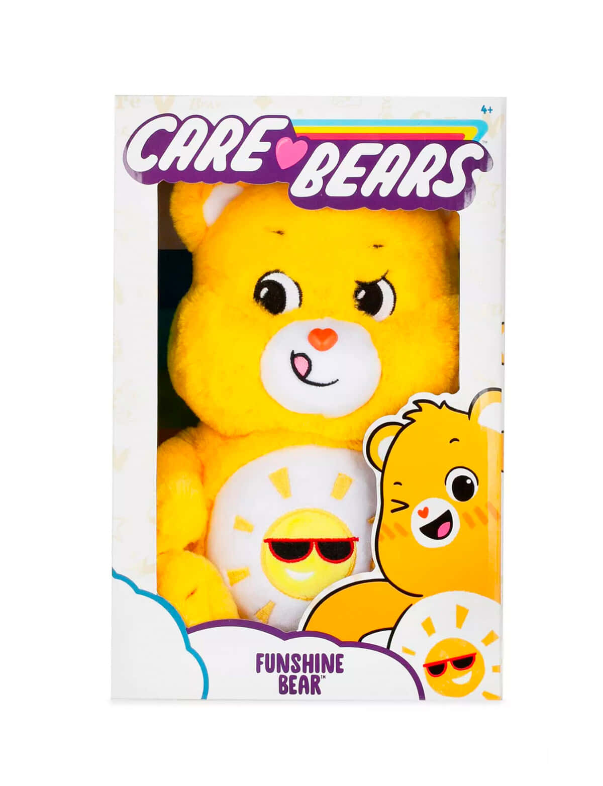彩虹熊 桌布 壁紙 — 一個亮黃色絨毛Funshine Bear玩具，放在色彩繽紛的Care Bears包裝內，帶有微笑太陽標誌。