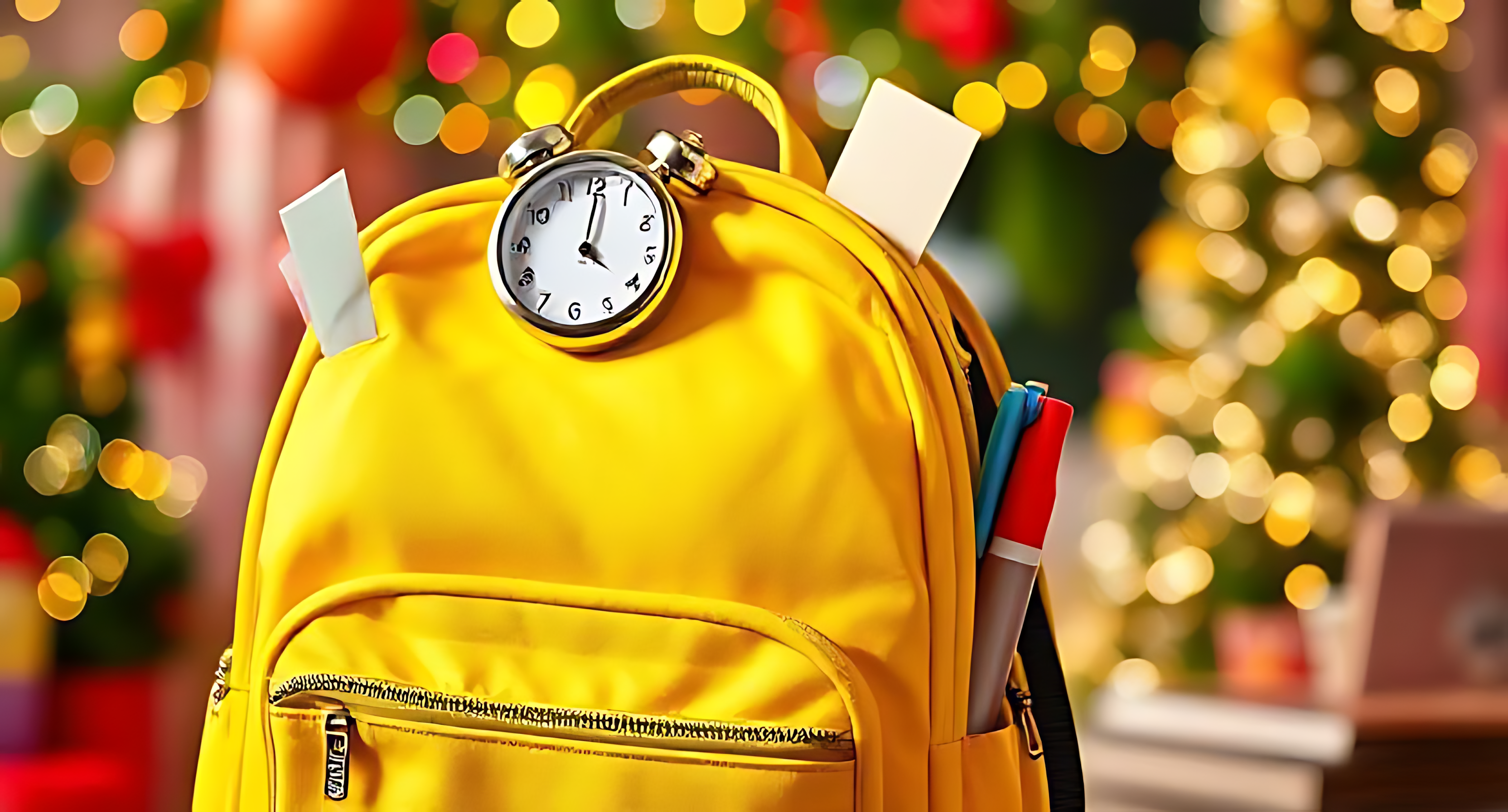 Backpack 桌布 壁紙 — 一個亮黃色背包，裝飾著時鐘和便利貼，在節日燈飾和樹木的散景背景前顯得格外突出。