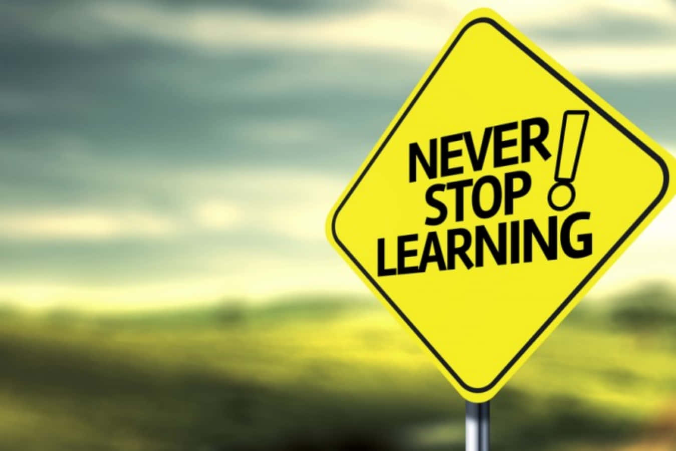 Learning 桌布 壁紙 — 一個亮黃色菱形路牌，上面有粗體黑色文字寫著「NEVER STOP LEARNING!」，在陰天背景下，以模糊的自然景觀為襯托。