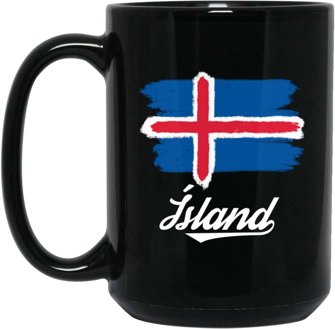 冰島 桌布 壁紙 — 一個亮黑色馬克杯，上面有冰島國旗的粗獷筆觸和白色草書字體寫的「Island」。