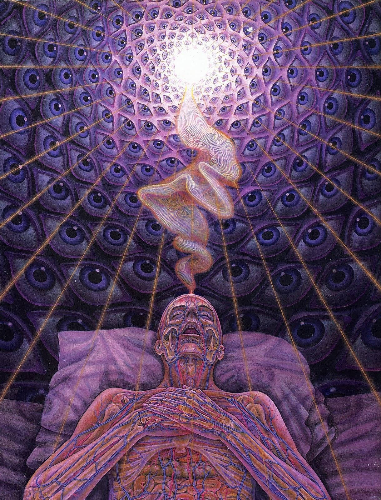 工具 桌布 壁紙 — 一個人仰臥著，螺旋狀的金色光芒從他們的胸口穿過眼睛的王冠升向一個光芒四射的中心。
