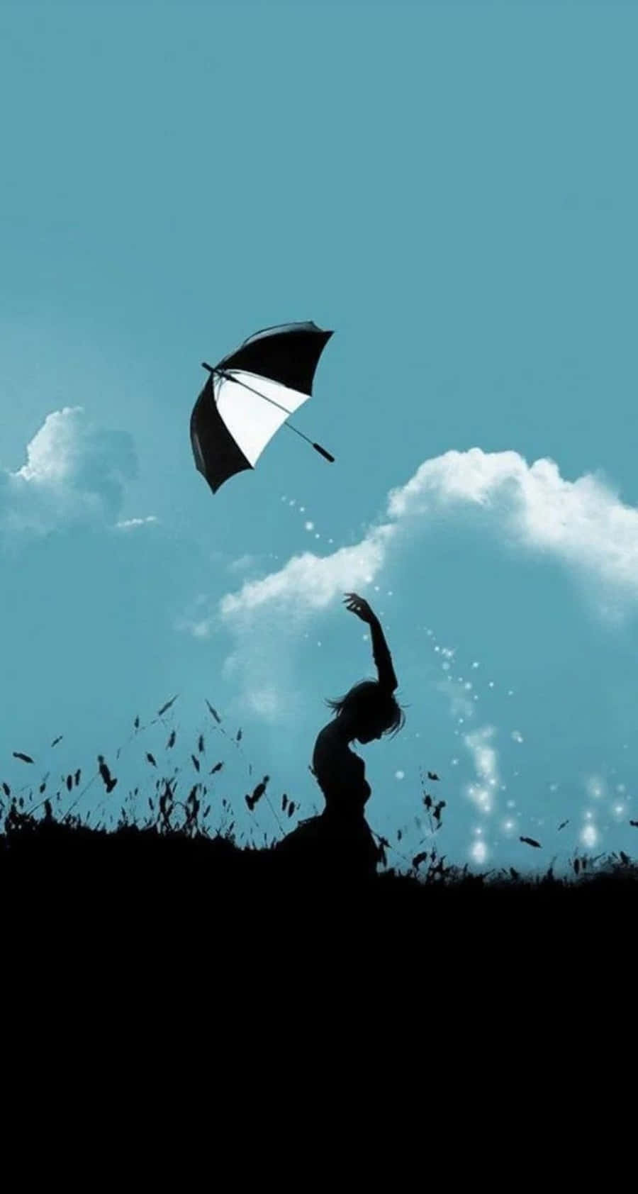 美學 iPhone 壁紙 桌布 壁紙 — 一個人伸手觸摸漂浮的黑白雨傘的剪影，背景是藍綠色天空和蓬鬆雲朵。