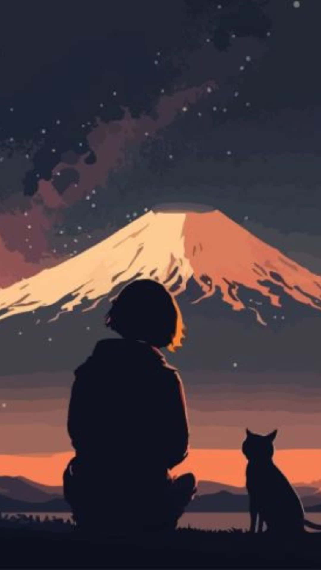 black cat 壁紙 — 一個人和一隻貓以剪影形式坐在一座被雪覆蓋、在繁星暮色下閃耀的山前面。