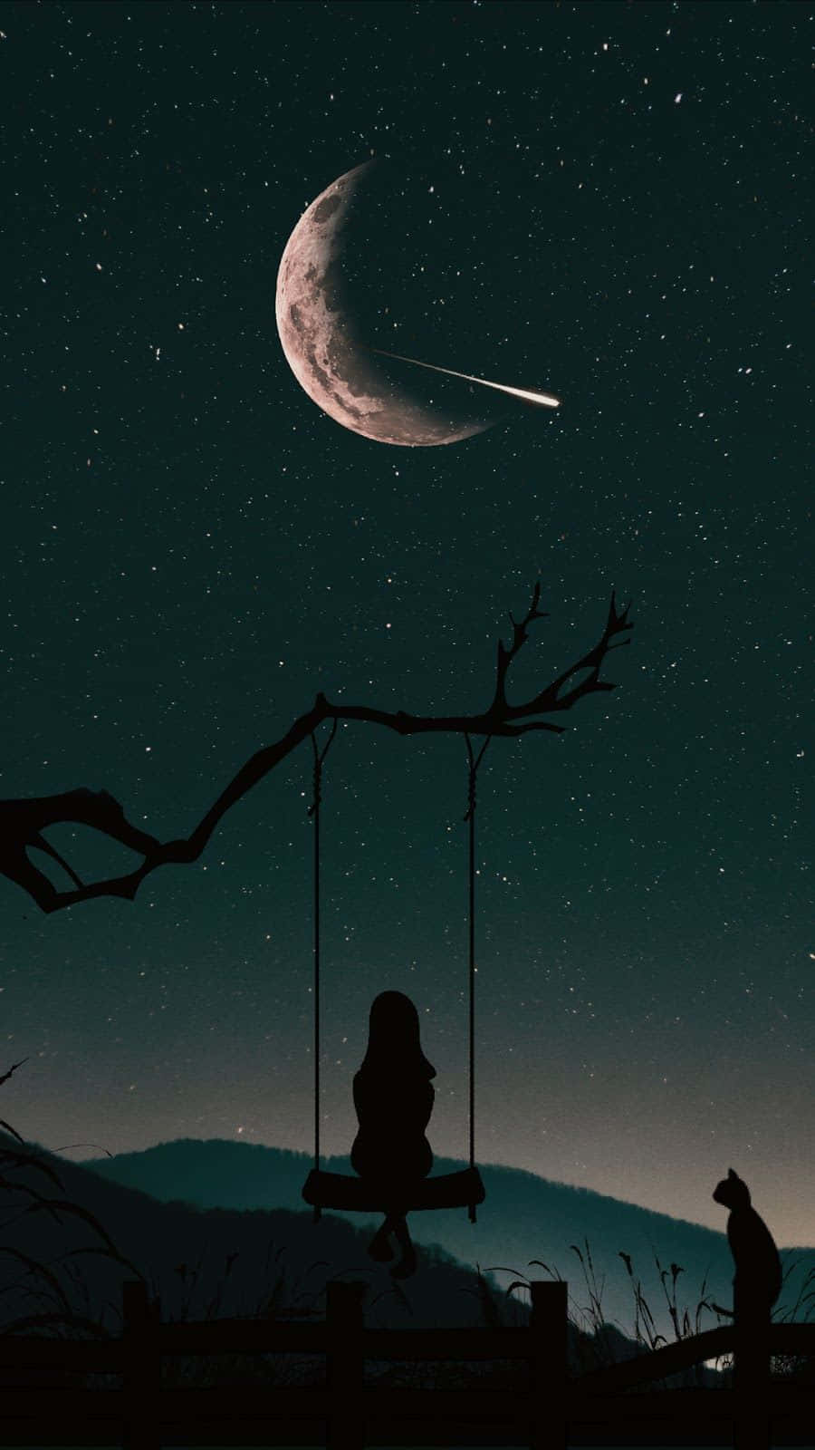 Gambar 桌布 壁紙 — 一個人和一隻貓在月牙和流星下的鞦韆上，背景是繁星點點的夜空剪影。